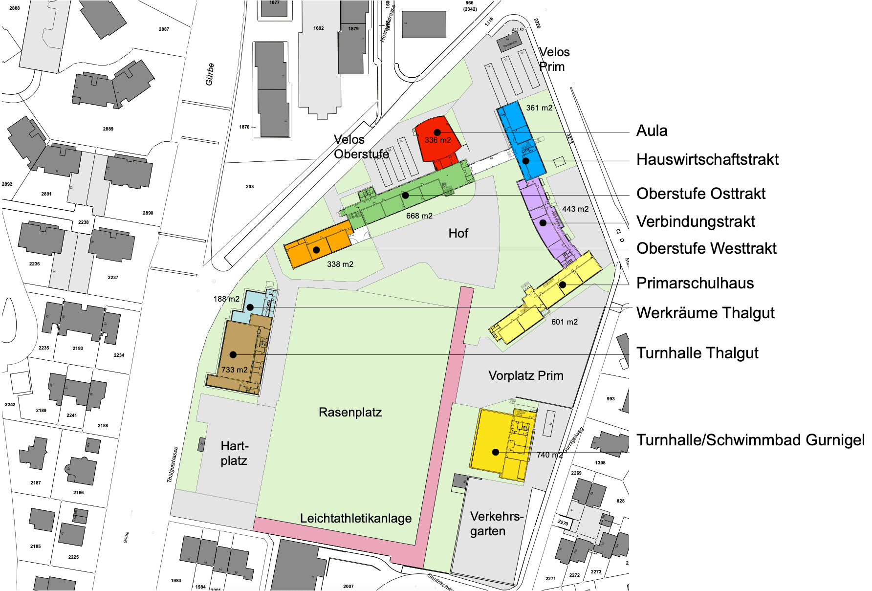 Übersichtsplan der aktuellen Schulanlage Mühlematt